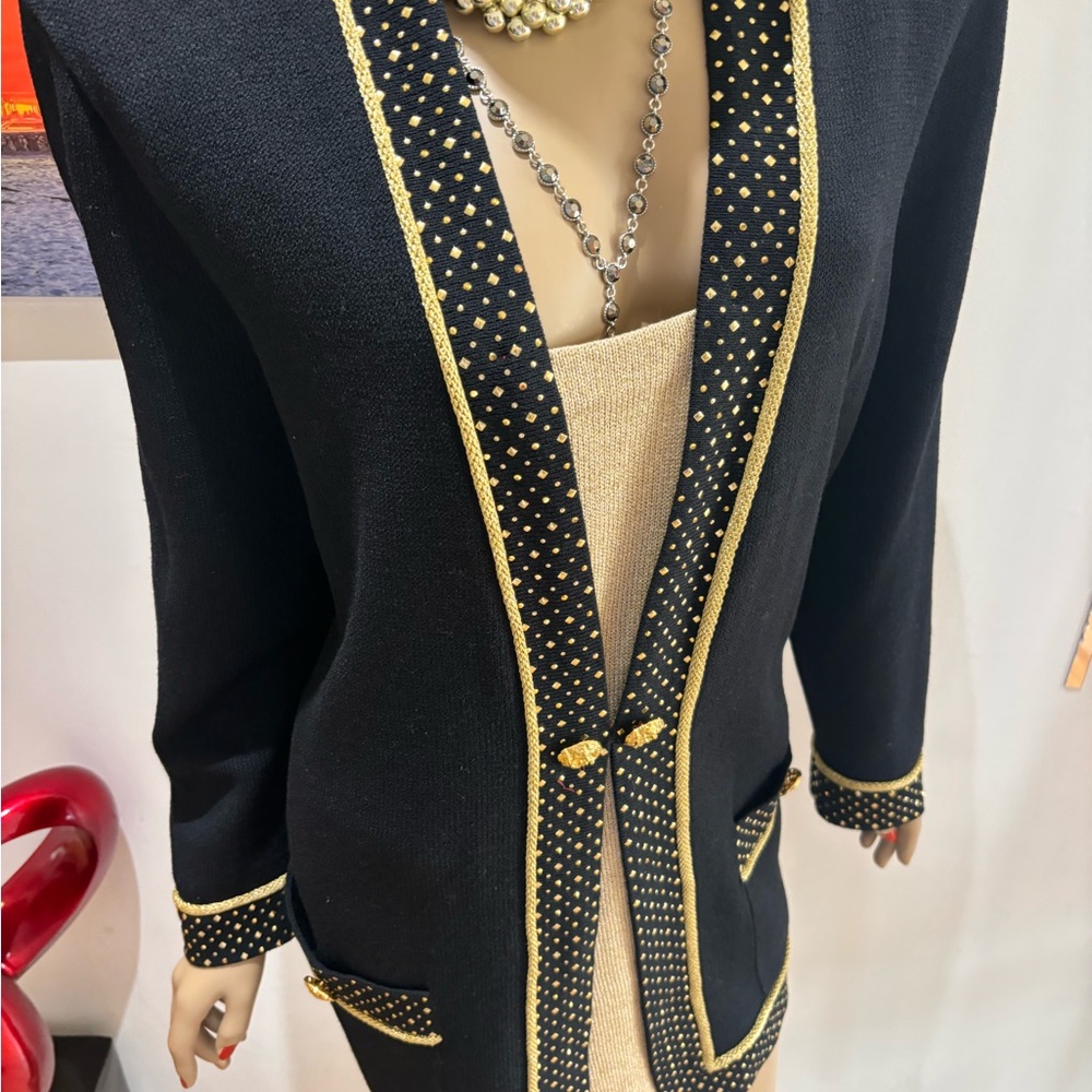 St. John Black Gold Blazer Trim 12 14 paillettes sequins evening embellished - Picture 4 of 10